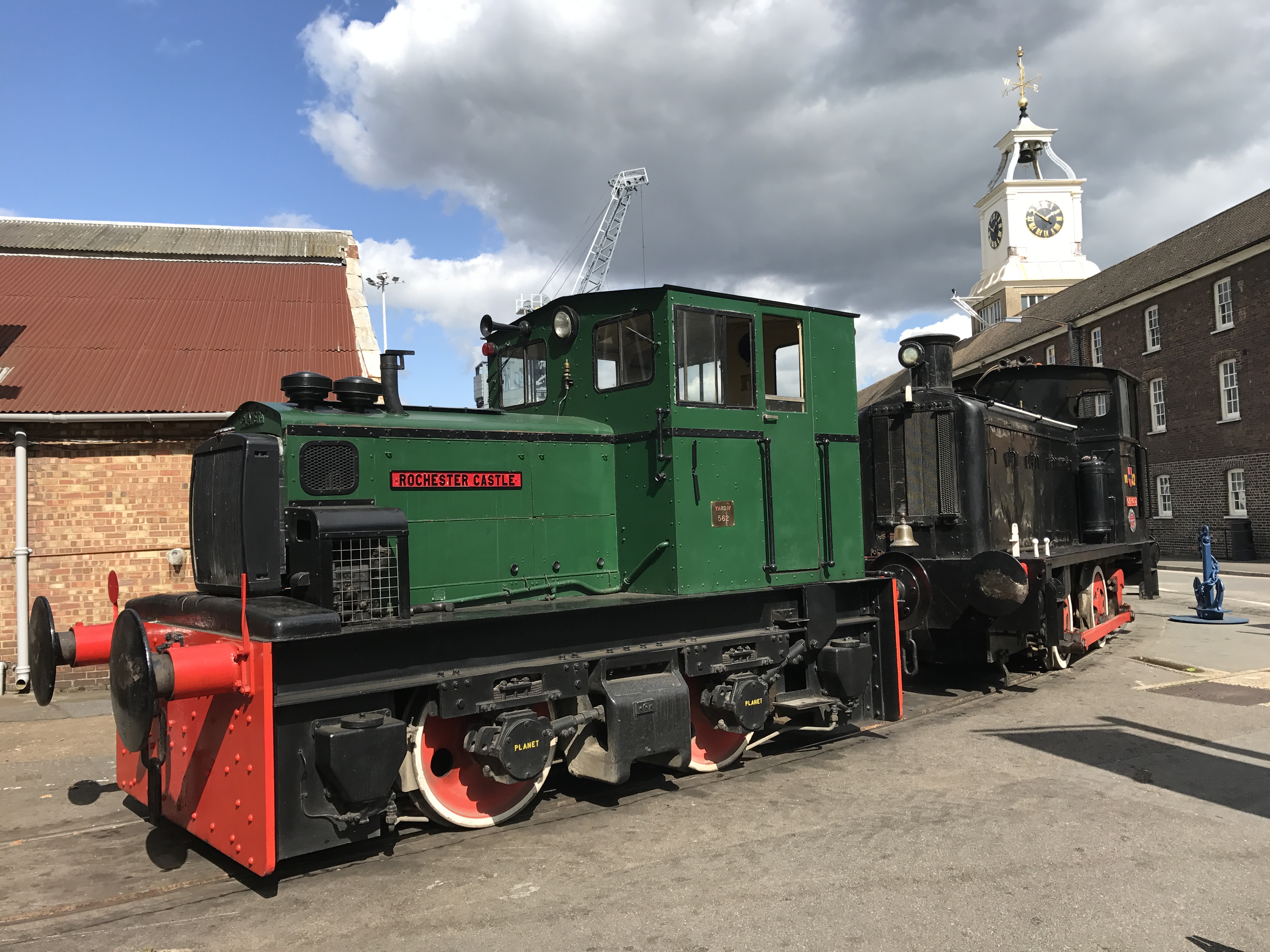 Rochester Castle, a green diesel locomotive marked Yard No. 562, at the Historic Dockyard